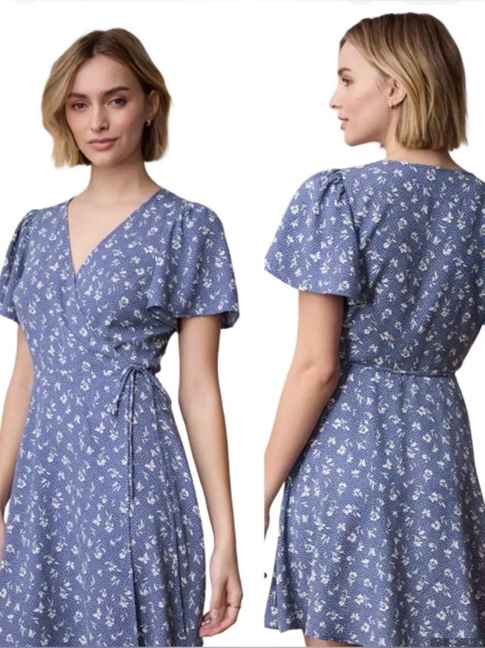 LC Lauren Conrad Floral Blue Wrap Dress with Flutter Sleeves True Wrap.